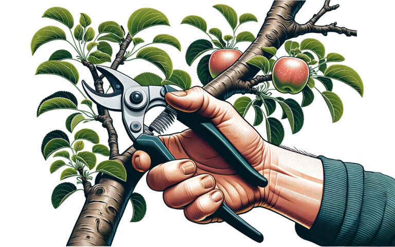 Trädbeskärning av fruktträd med en sekatör i handen.
